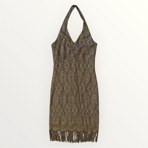 Vintage Alyn Paige Metallic Gold Fringe Halter Dress